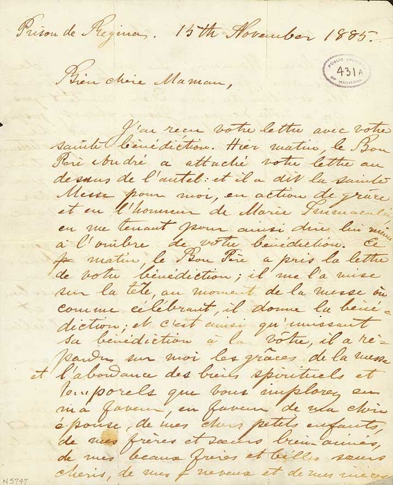 Letter from Louis Riel to his mother, written the day before his execution. (ASHSB, Fonds Louis, Ref. 1092-431)