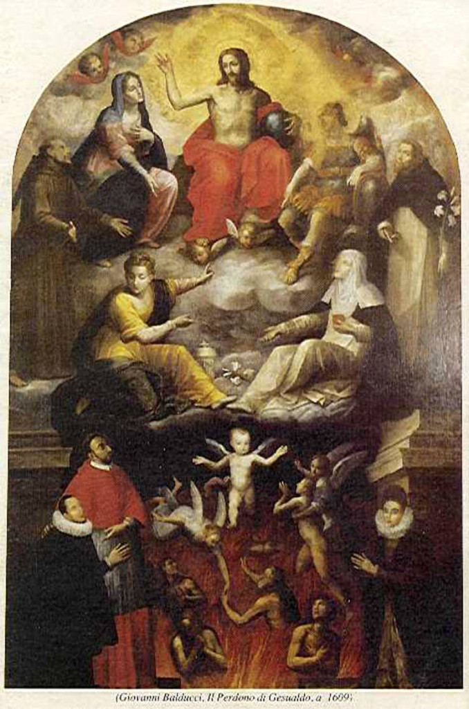 Il perdono di Gesualdo (Giovanni Balducci, 1609). The composer is kneeling, at the bottom right, in front of his uncles Saint Charles Borromée, who is wearing a cardinal's robe.